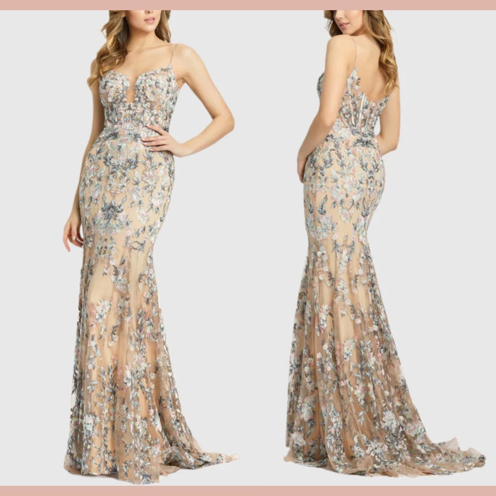 NWT $798 Mac‎ Duggal [ 4 ] 79313 Embroidered Spaghetti Strap Trumpet Gown Nude - Picture 15 of 15